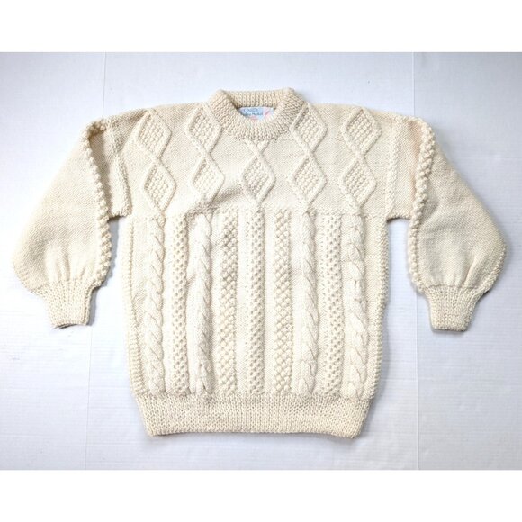 Quills Woolen Market Sweater Womens Medium Cable Knit White Cream Ireland Vtg - Picture 1 of 8